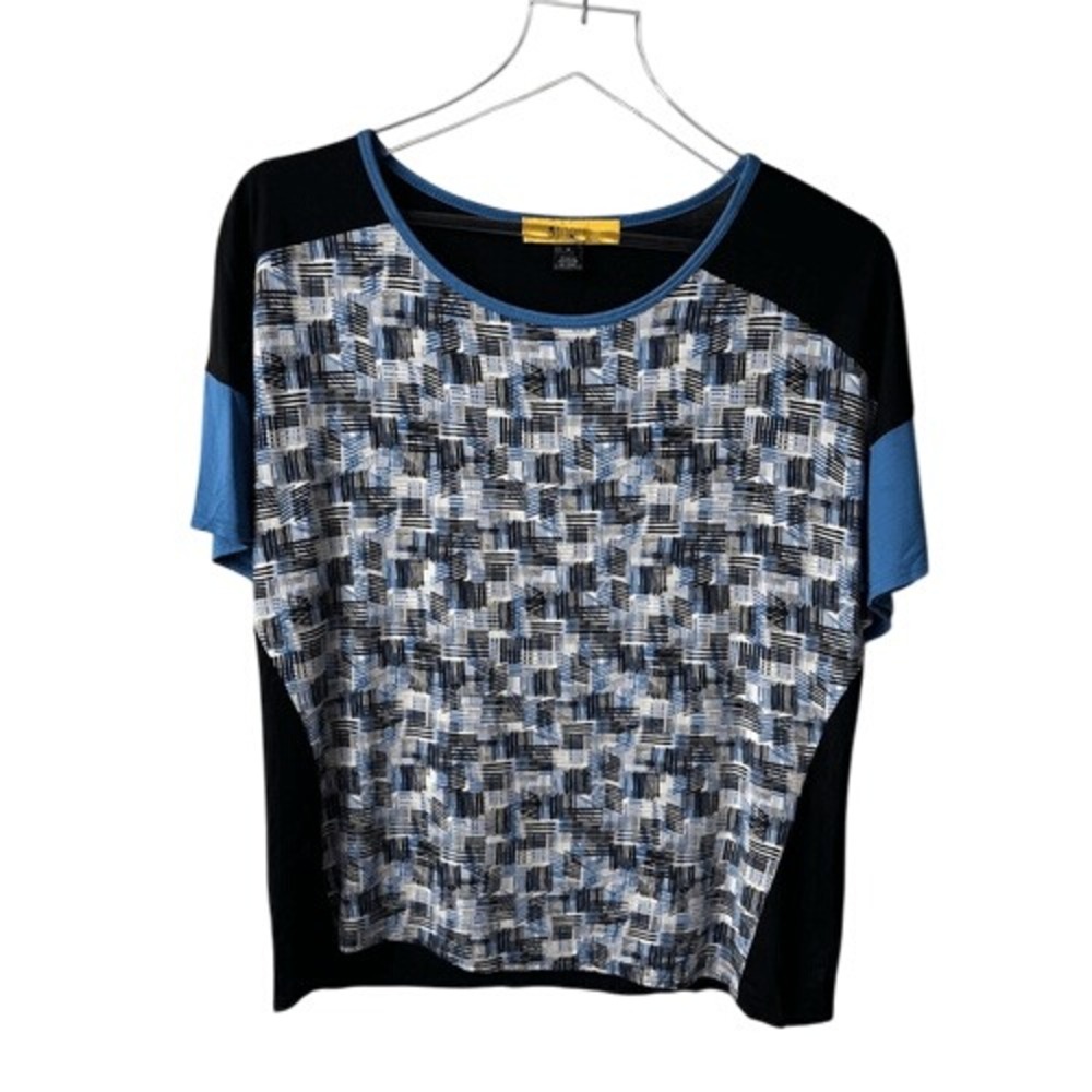St‎ John Geometric Print Blue Black Tee Shirt Top Lightweight size medium